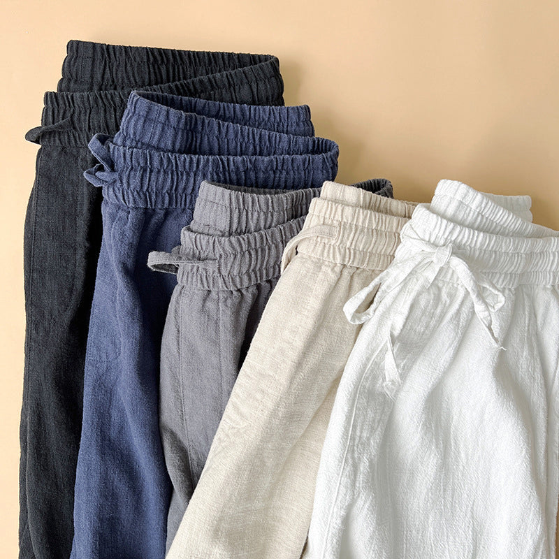 Men woven straight leg trousers with elastic drawstring waist relaxed fit