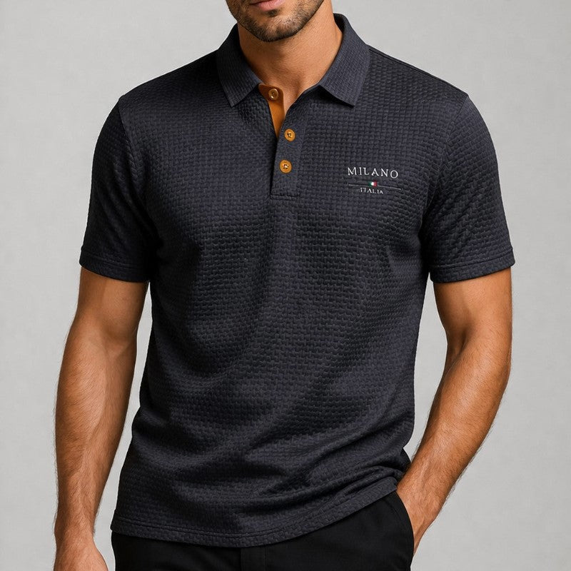 Men Polo Shirt Textured Structured Fabric Button Placket Collar