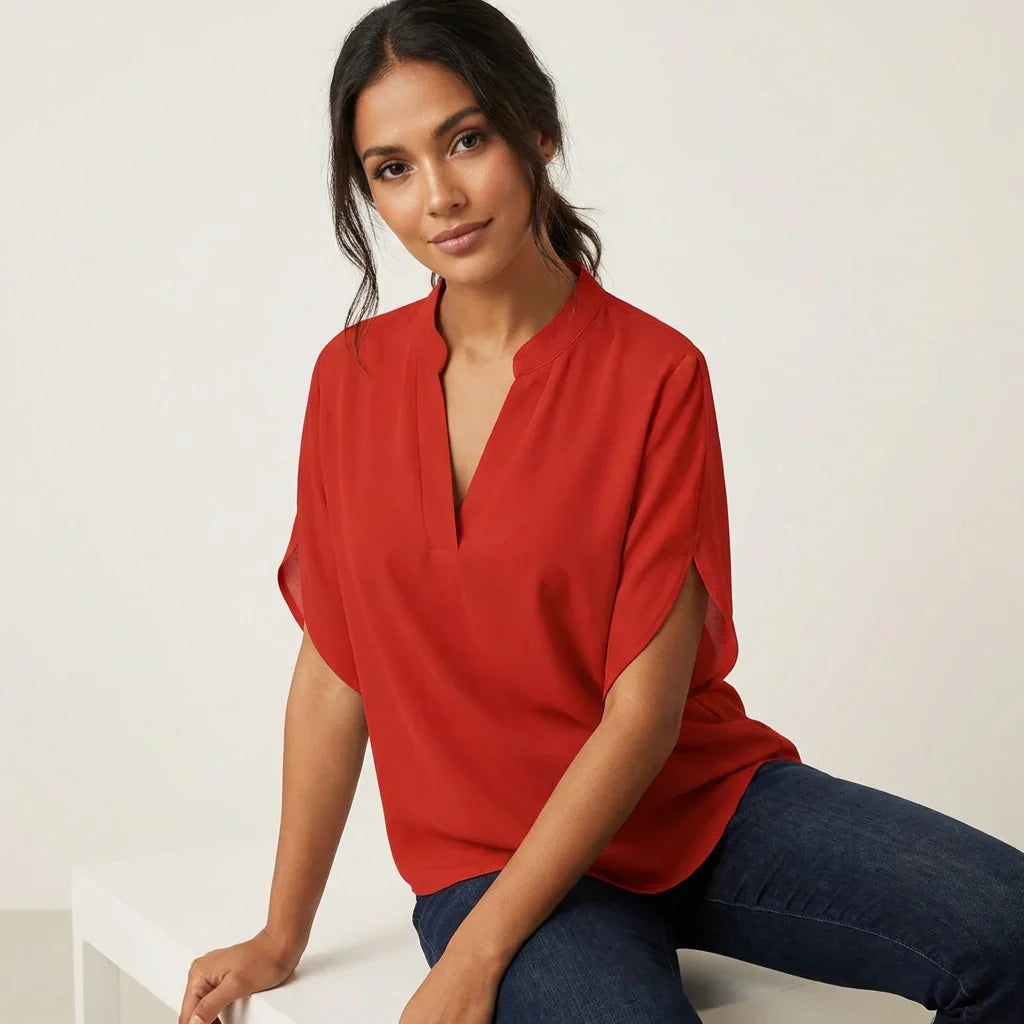 Women's summer blouse with V-neckline and short sleeves, casual lightweight fit