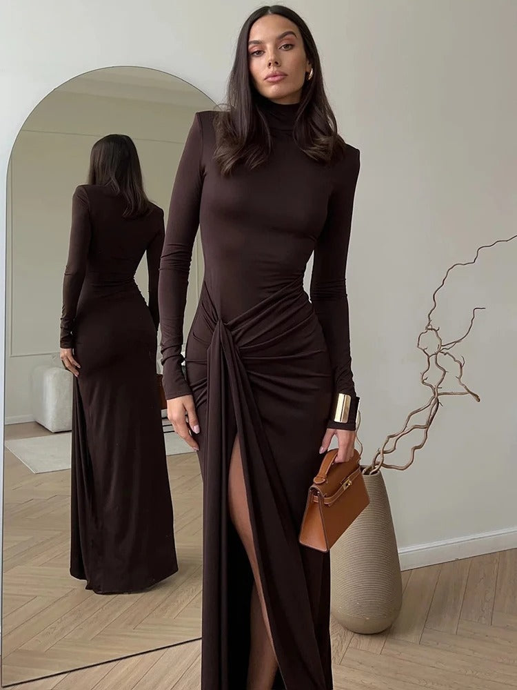 Women's ruched maxi dress in brown with high neckline and thigh-high slit