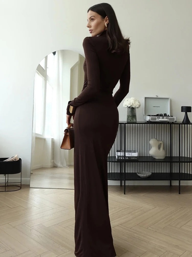 Women's ruched maxi dress in brown with high neckline and thigh-high slit