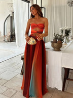 Red strapless hollow-out maxi dress with A-line hem, summer occasion
