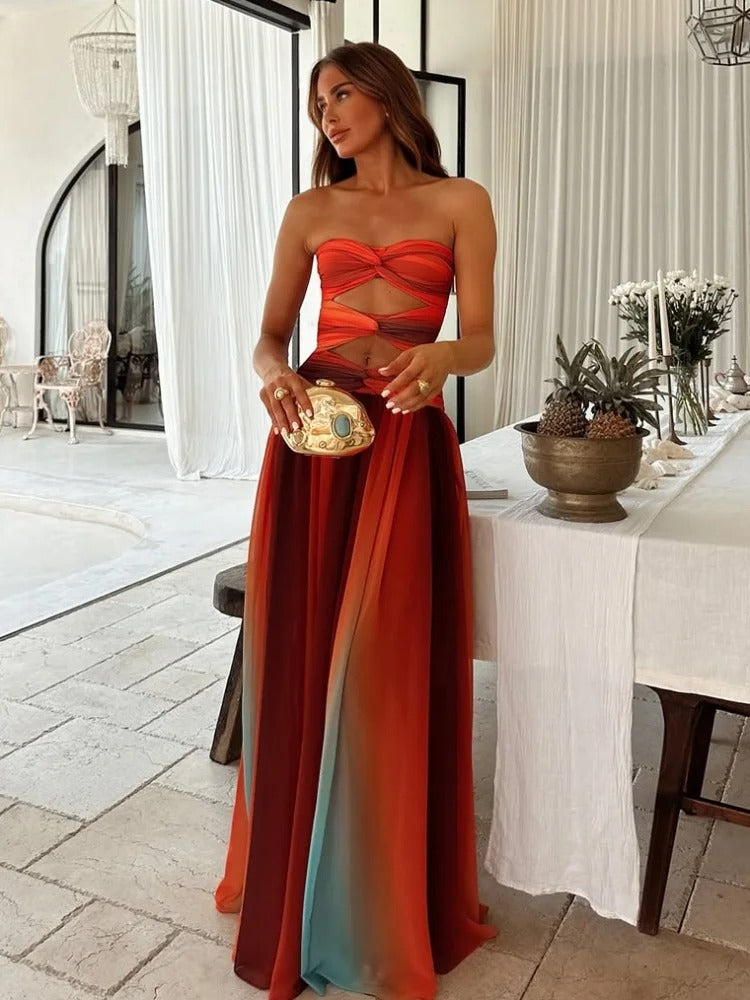Red strapless hollow-out maxi dress with A-line hem, summer occasion