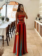 Red strapless hollow-out maxi dress with A-line hem, summer occasion