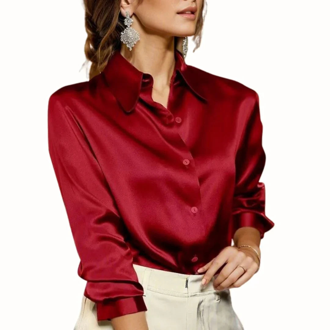 Women button down blouse long sleeve with point collar and cuffed sleeves