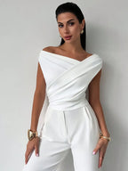 Women's draped shoulder top with cross front detail and round neckline in stretch knit