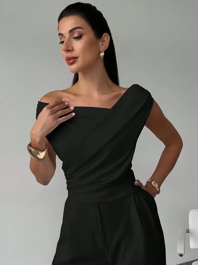Women's draped shoulder top with cross front detail and round neckline in stretch knit