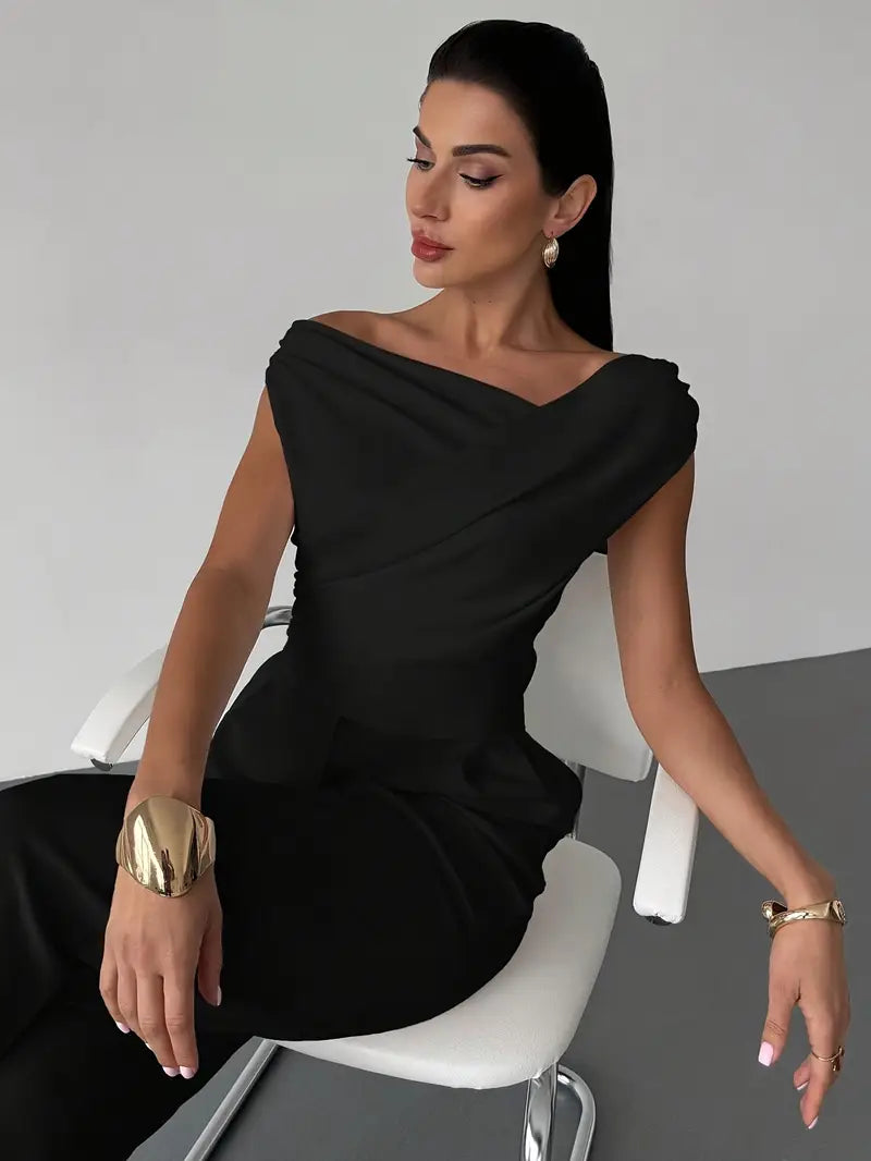Women's draped shoulder top with cross front detail and round neckline in stretch knit
