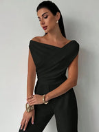 Women's draped shoulder top with cross front detail and round neckline in stretch knit