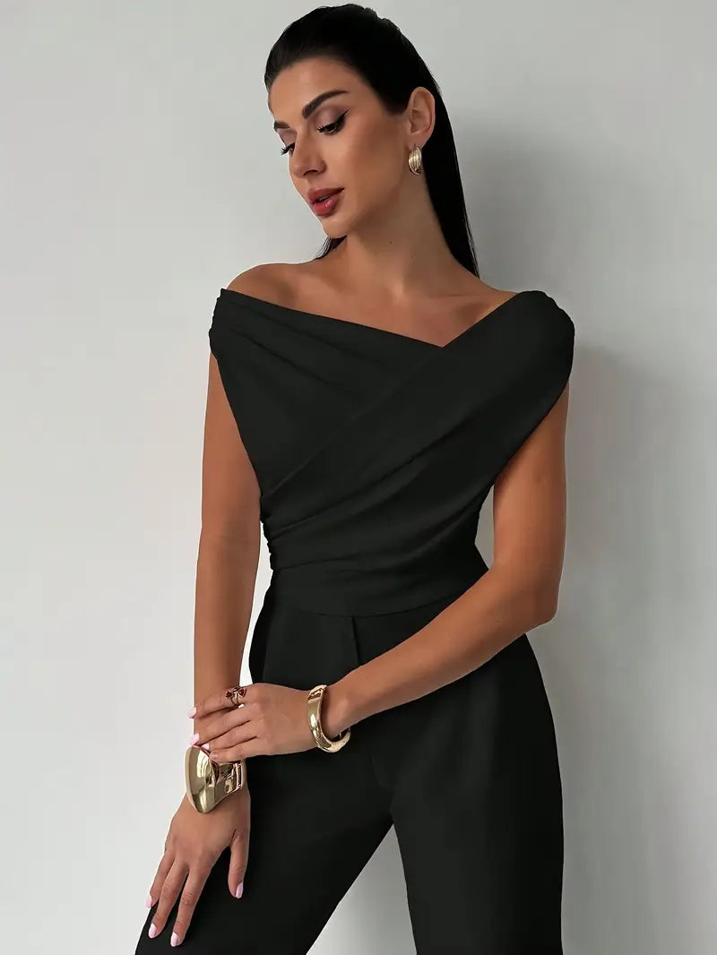 Women's draped shoulder top with cross front detail and round neckline in stretch knit