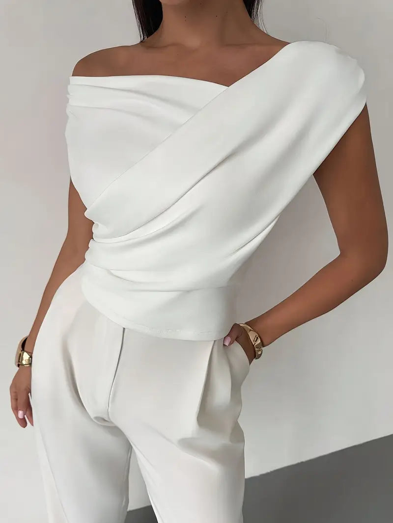 Women's draped shoulder top with cross front detail and round neckline in stretch knit