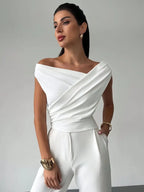Women's draped shoulder top with cross front detail and round neckline in stretch knit