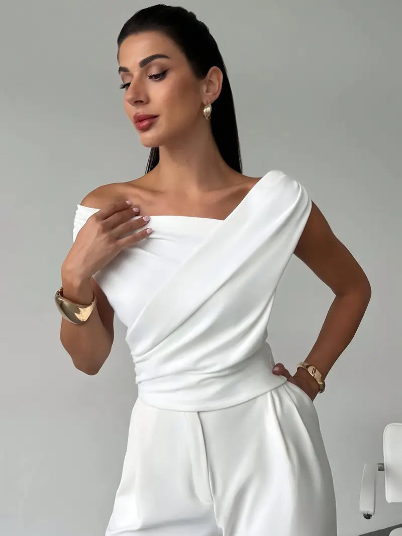 Women's draped shoulder top with cross front detail and round neckline in stretch knit