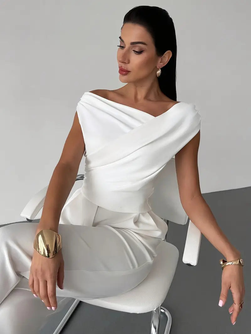 Women's draped shoulder top with cross front detail and round neckline in stretch knit