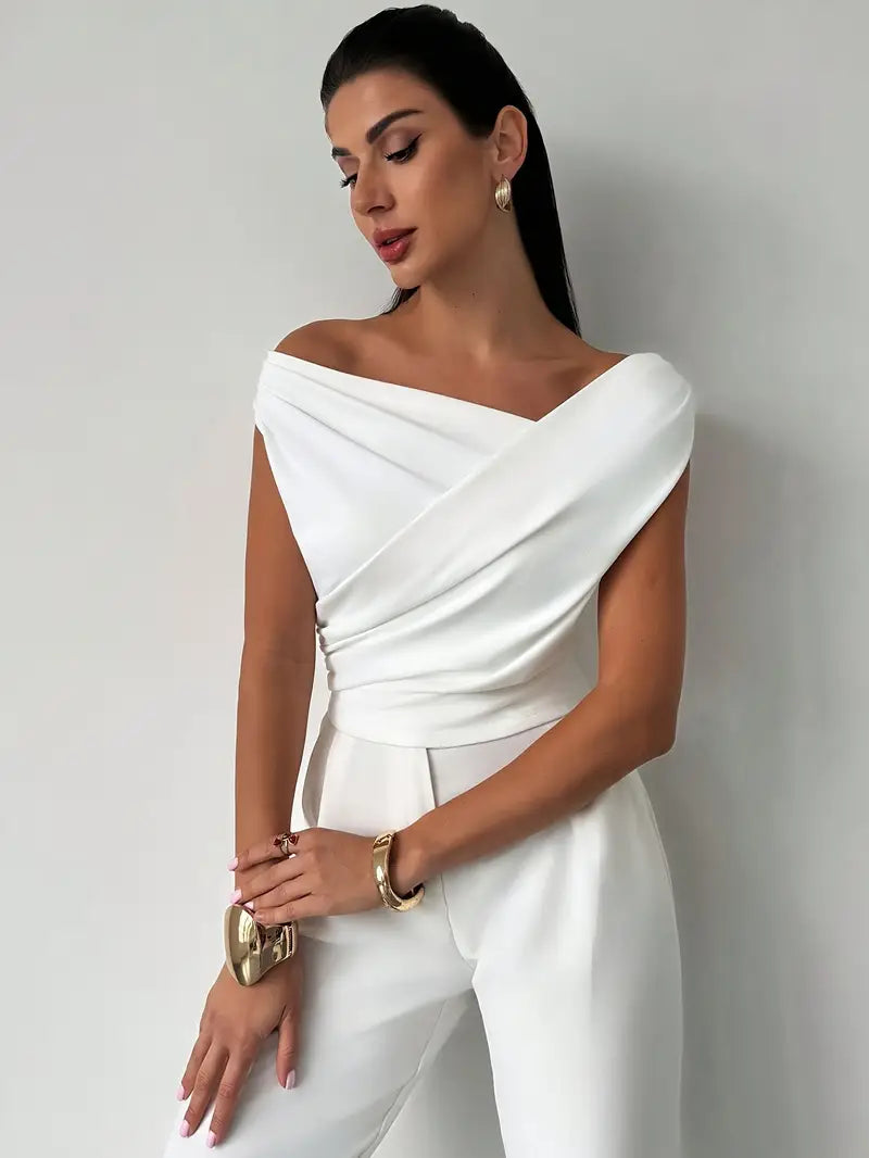Women's draped shoulder top with cross front detail and round neckline in stretch knit