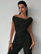 Women's draped shoulder top with cross front detail and round neckline in stretch knit
