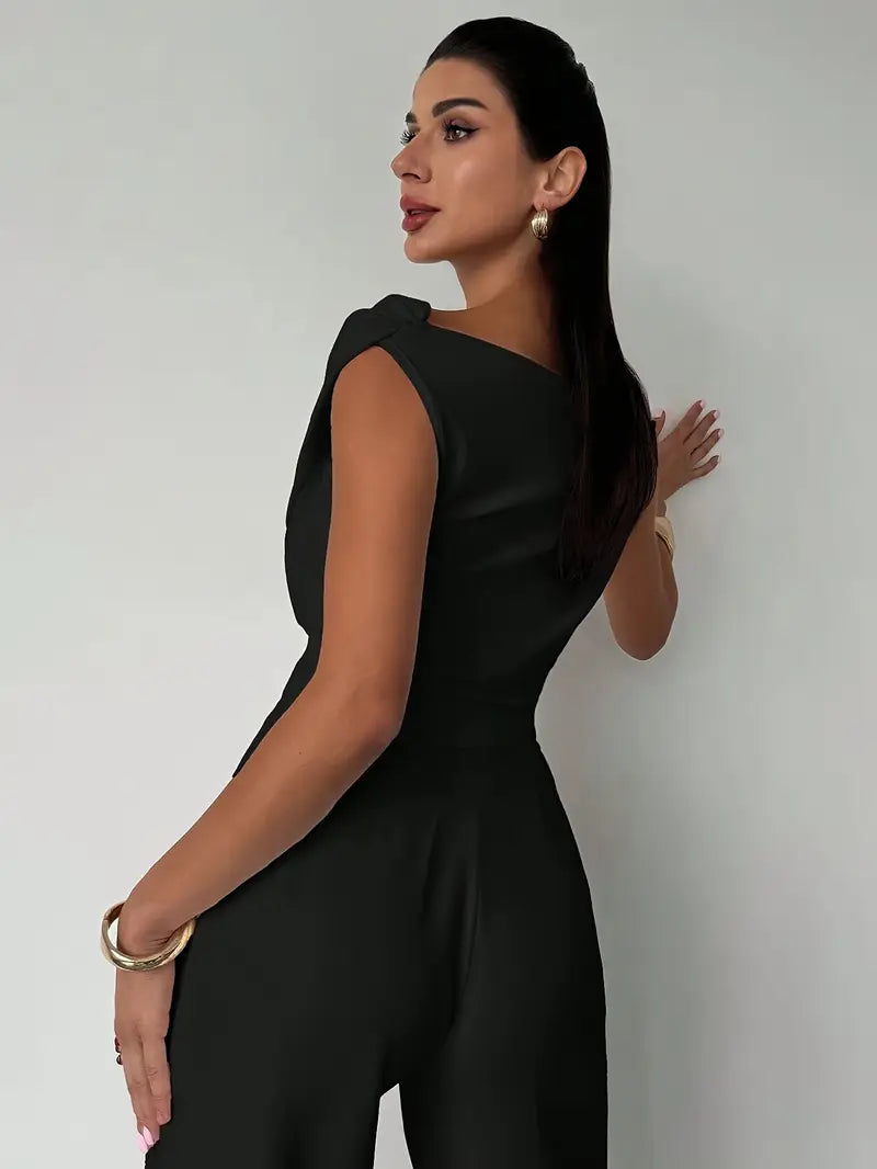 Women's draped shoulder top with cross front detail and round neckline in stretch knit