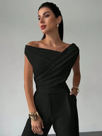 Women's draped shoulder top with cross front detail and round neckline in stretch knit