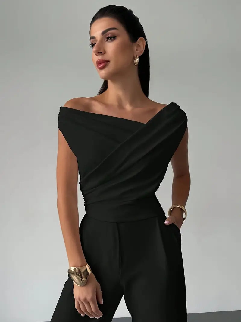 Women's draped shoulder top with cross front detail and round neckline in stretch knit
