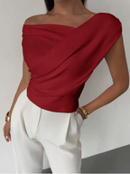 Women's draped shoulder top with cross front detail and round neckline in stretch knit