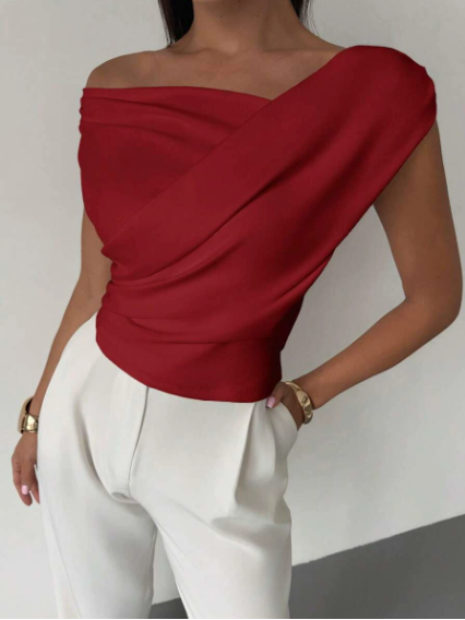 Women's draped shoulder top with cross front detail and round neckline in stretch knit