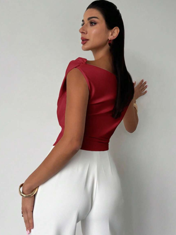 Women's draped shoulder top with cross front detail and round neckline in stretch knit