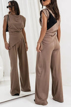 Women's two-piece set with draped top and wide-leg pants, relaxed fit