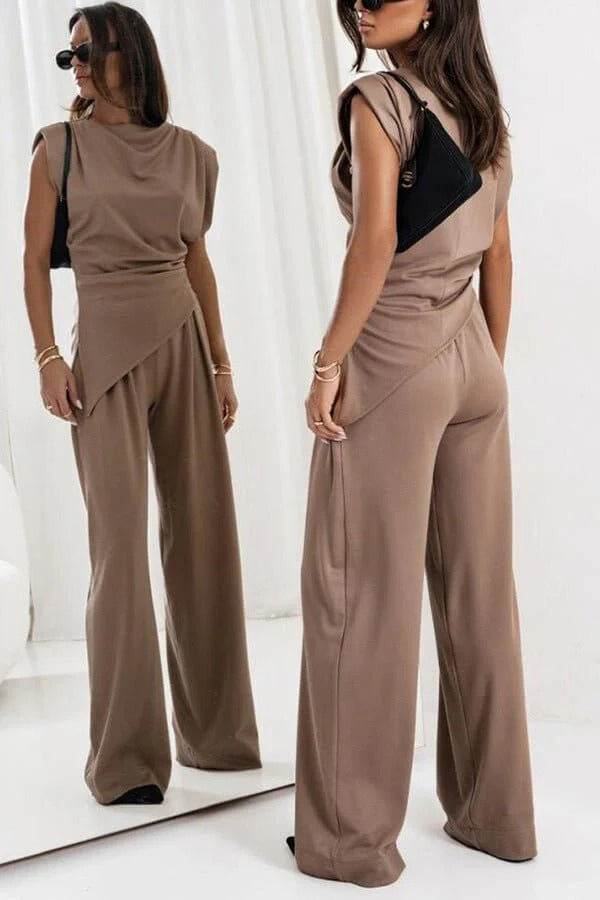 Women's two-piece set with draped top and wide-leg pants, relaxed fit