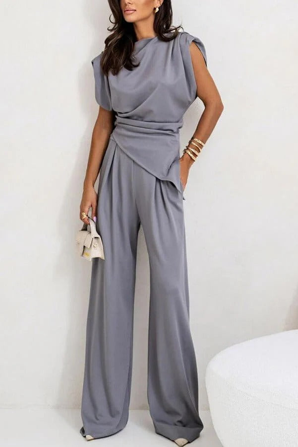 Women's two-piece set with draped top and wide-leg pants, relaxed fit