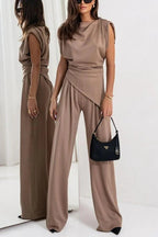 Women's two-piece set with draped top and wide-leg pants, relaxed fit