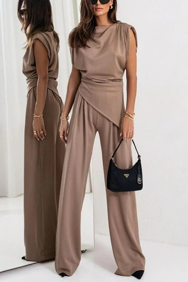 Women's two-piece set with draped top and wide-leg pants, relaxed fit