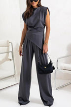 Women's two-piece set with draped top and wide-leg pants, relaxed fit