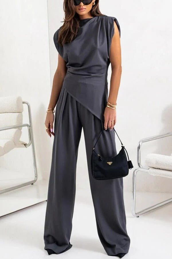 Women's two-piece set with draped top and wide-leg pants, relaxed fit