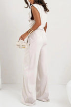Women's two-piece set with draped top and wide-leg pants, relaxed fit