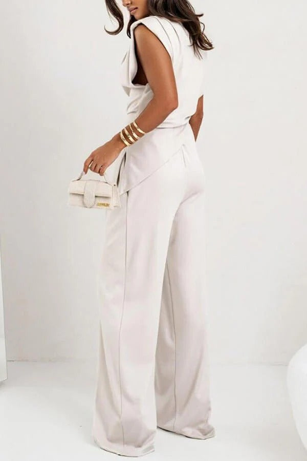 Women's two-piece set with draped top and wide-leg pants, relaxed fit