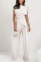 Women's two-piece set with draped top and wide-leg pants, relaxed fit