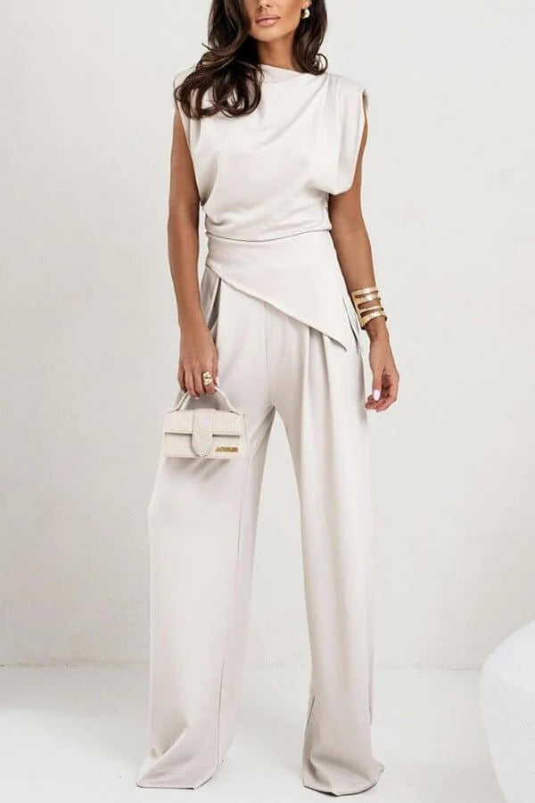 Women's two-piece set with draped top and wide-leg pants, relaxed fit