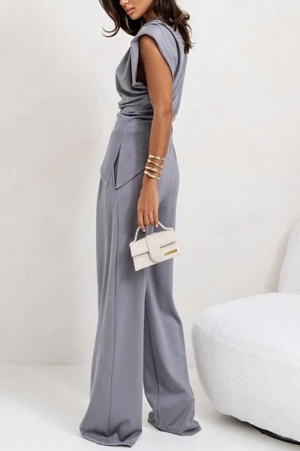 Women's two-piece set with draped top and wide-leg pants, relaxed fit