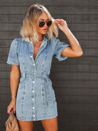 Women's denim mini dress short sleeve casual blue tailored fit