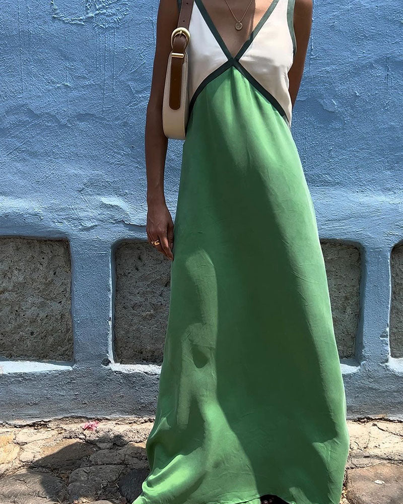 Women's V-neck bold contrast maxi dress in green, black and brown