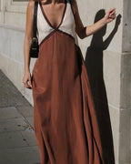 Women's V-neck bold contrast maxi dress in green, black and brown