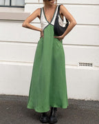 Women's V-neck bold contrast maxi dress in green, black and brown