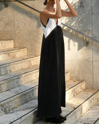 Women's V-neck bold contrast maxi dress in green, black and brown