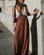 Women's V-neck bold contrast maxi dress in green, black and brown