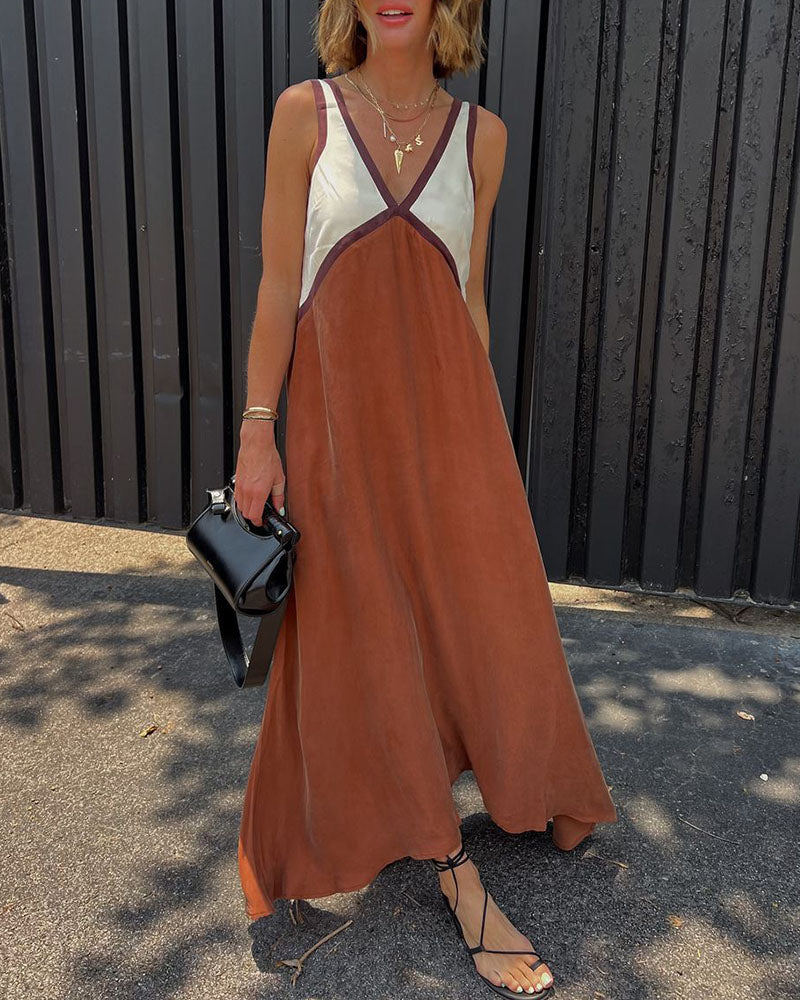 Women's V-neck bold contrast maxi dress in green, black and brown