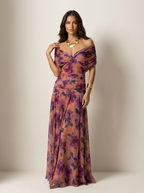 Pleated maxi evening dress strapless with short sleeve, flowing silhouette