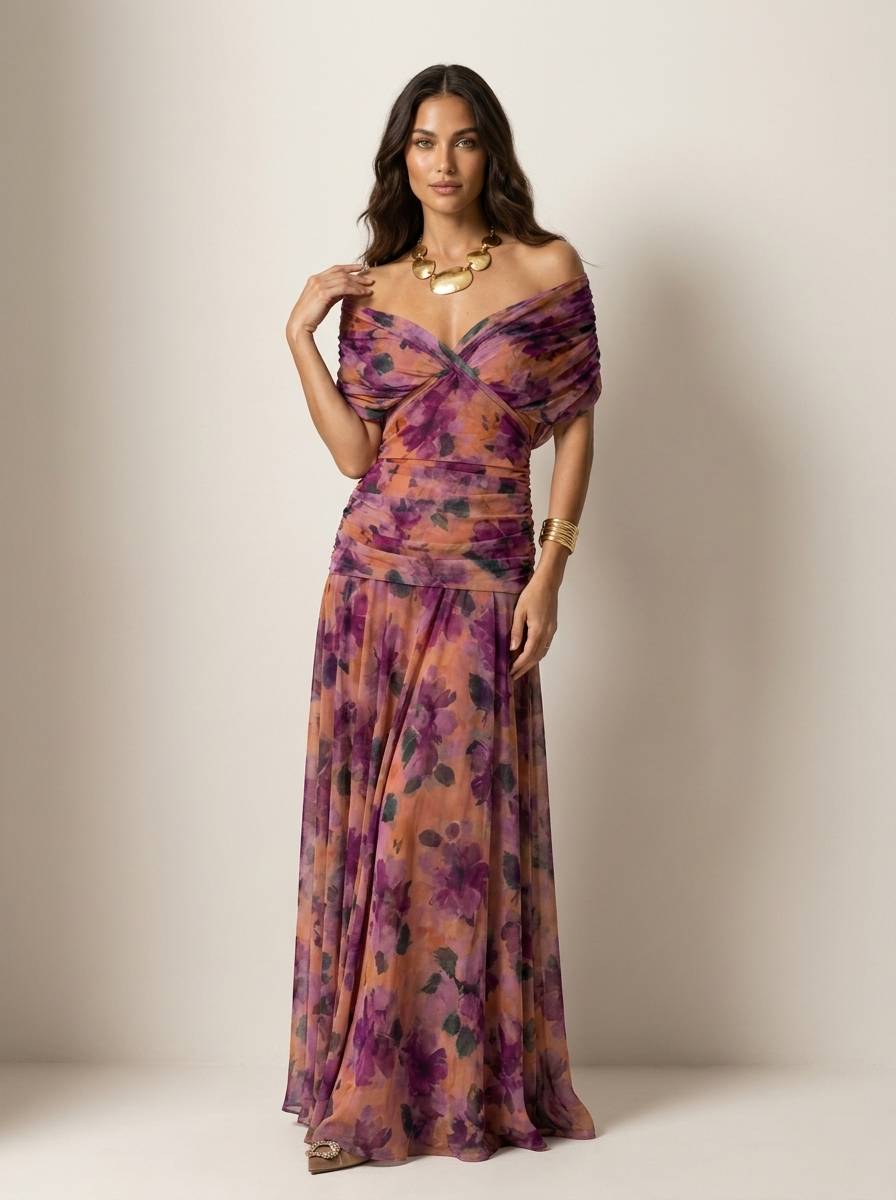 Pleated maxi evening dress strapless with short sleeve, flowing silhouette