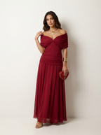 Pleated maxi evening dress strapless with short sleeve, flowing silhouette