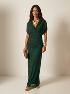 Pleated maxi evening dress strapless with short sleeve, flowing silhouette