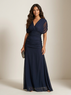 Pleated maxi evening dress strapless with short sleeve, flowing silhouette